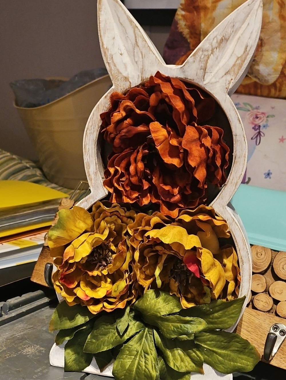 Rustic White Bunny Wooden  with Orange and Yellow Floral Accents